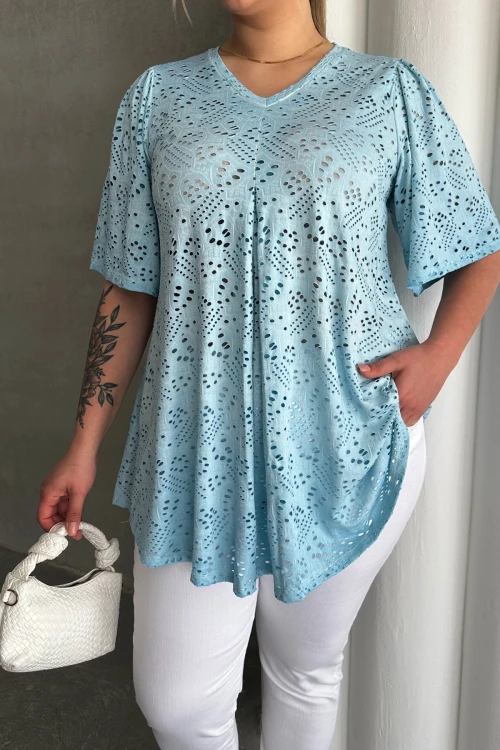 Büyük Beden V Yaka Kısa Kollu Dantel Detaylı Astarsız Bluz 302957