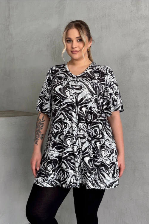 Büyük Beden V Yaka Kısa Kollu Eteği Bollaşan Desenli Bluz 101-17