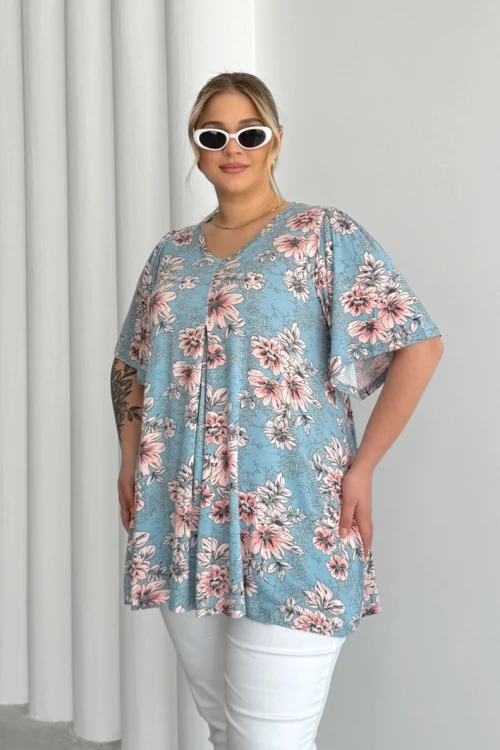 Büyük Beden V Yaka Kısa Kollu Eteği Bollaşan Desenli Bluz 101-44