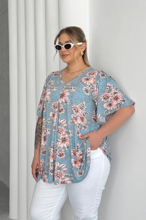 Büyük Beden V Yaka Kısa Kollu Eteği Bollaşan Desenli Bluz 101-44