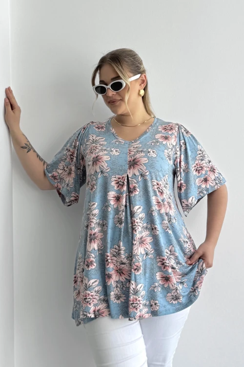 Büyük Beden V Yaka Kısa Kollu Eteği Bollaşan Desenli Bluz 101-44