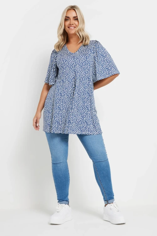 Büyük Beden V Yaka Kısa Kollu Eteği Bollaşan Desenli Bluz 303624