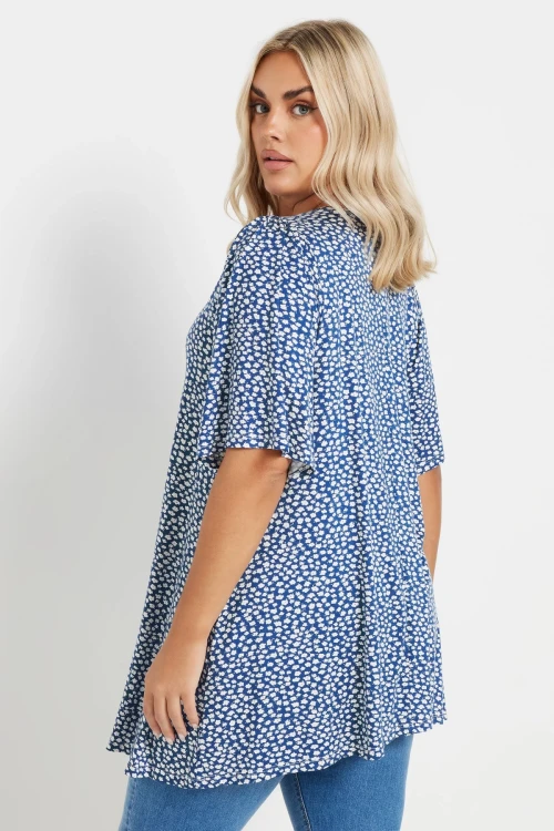 Büyük Beden V Yaka Kısa Kollu Eteği Bollaşan Desenli Bluz 303624