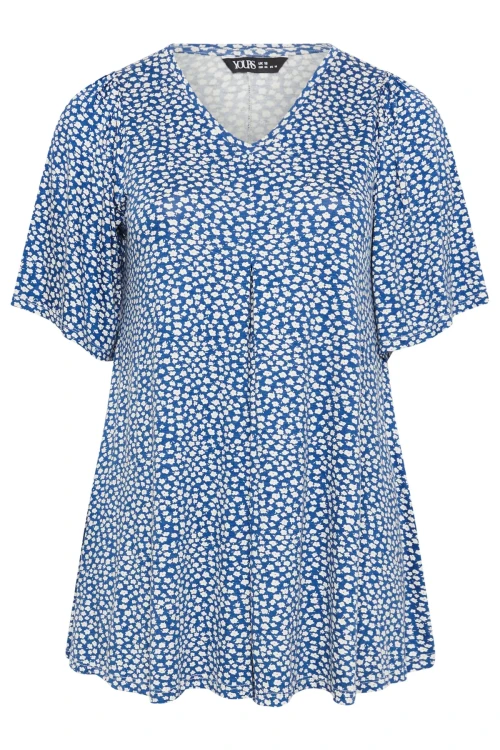 Büyük Beden V Yaka Kısa Kollu Eteği Bollaşan Desenli Bluz 303624