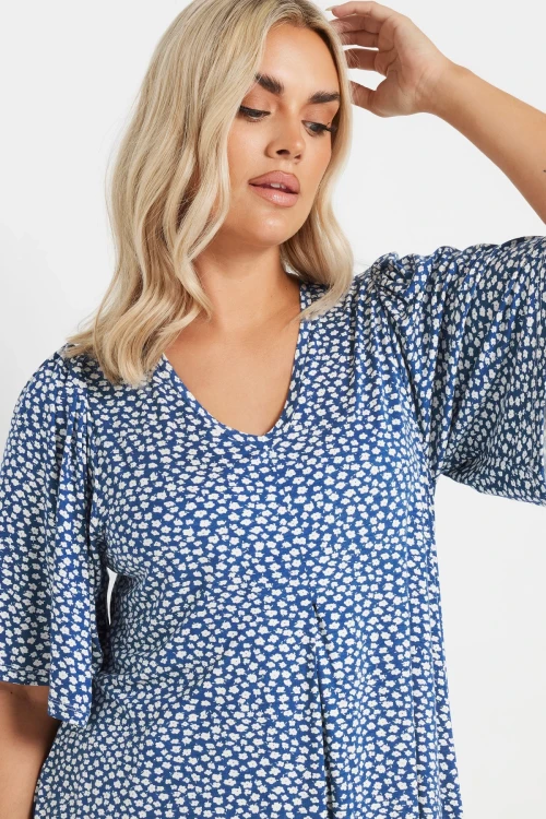 Büyük Beden V Yaka Kısa Kollu Eteği Bollaşan Desenli Bluz 303624