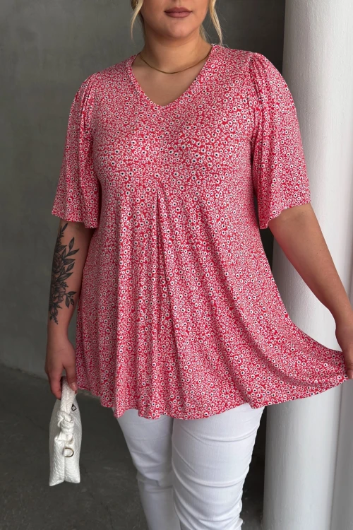 Büyük Beden V Yaka Kısa Kollu Eteği Bollaşan Desenli Bluz 98-5