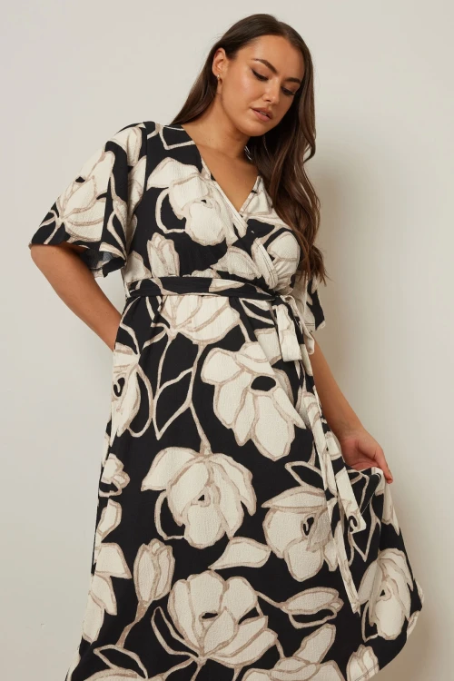 Büyük Beden V Yaka Kısa Kollu Önü Bağlamalı Anvelop Midi Elbise 304069