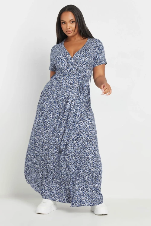 Büyük Beden V Yaka Kısa Kollu Önü Kuşaklı Maxi Elbise 303506