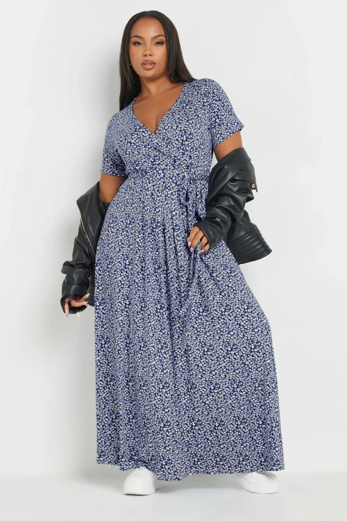 Büyük Beden V Yaka Kısa Kollu Önü Kuşaklı Maxi Elbise 303506