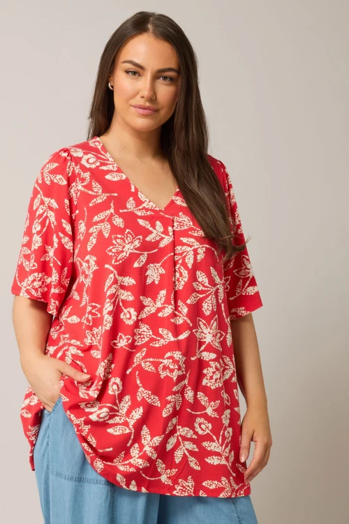 Büyük Beden V Yaka Kısa Kollu Önü Pileli Desenli Likralı Bluz 616172