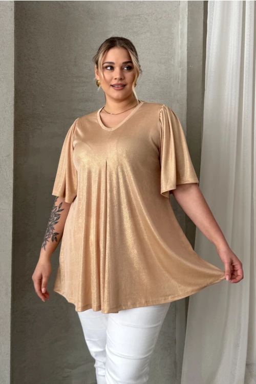 Büyük Beden V Yaka Kısa Kollu Parlak Görünümlü Bluz 303718