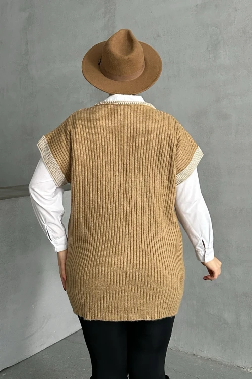 Büyük Beden V Yaka Kısa Kollu Triko Süveter 302135