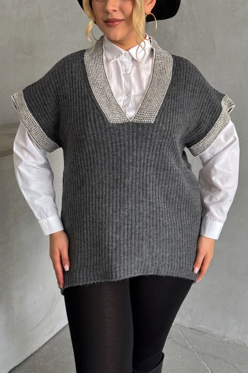 Büyük Beden V Yaka Kısa Kollu Triko Süveter 302138