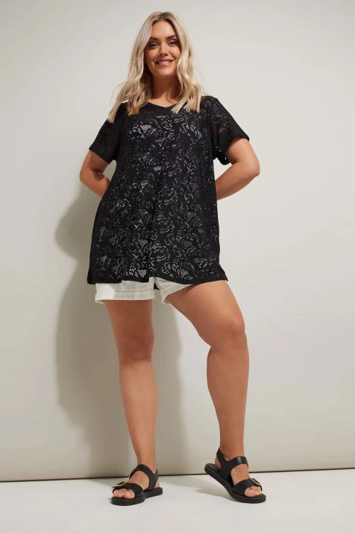 Büyük Beden V Yaka Sıfır Kol Astarsız Dantel T-shirt 304094