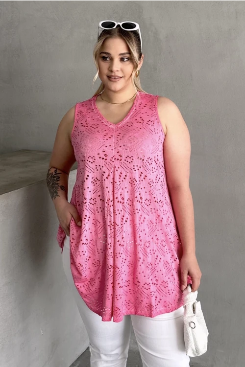 Büyük Beden V Yaka Sıfır Kol Dantel Detaylı Astarsız Bluz 302967