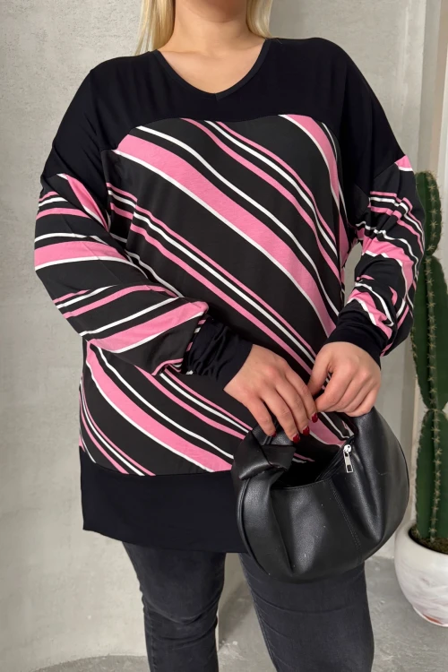 Büyük Beden V Yaka Uzun Kollu Bileği Lastikli Yırtmaçlı Bluz 303086