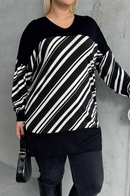 Büyük Beden V Yaka Uzun Kollu Bileği Lastikli Yırtmaçlı Bluz 303085