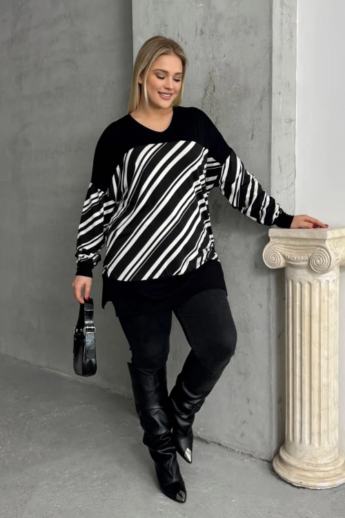 Büyük Beden V Yaka Uzun Kollu Bileği Lastikli Yırtmaçlı Bluz 303085