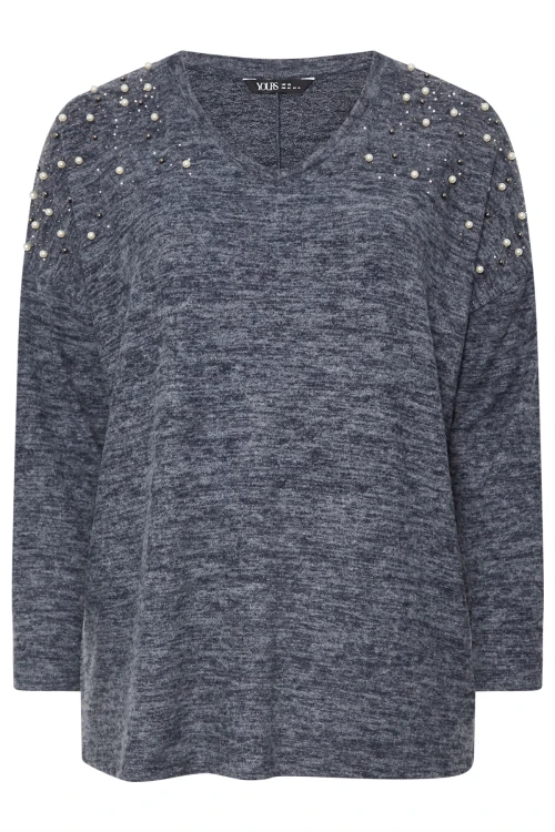 Büyük Beden V Yaka Uzun Kollu Omzu Boncuk İşlemeli Kazak 322302