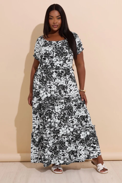 Büyük Beden Yakası Büzgülü Beli Lastikli Uzun Elbise 270238