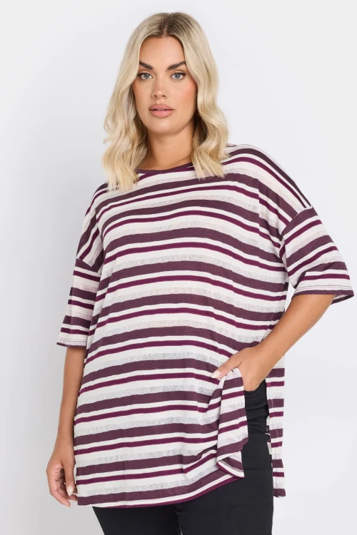 Büyük Beden Yanları Yırtmaçlı Kısa Kollu Bisiklet Yaka Çizgili T-shirt 303668