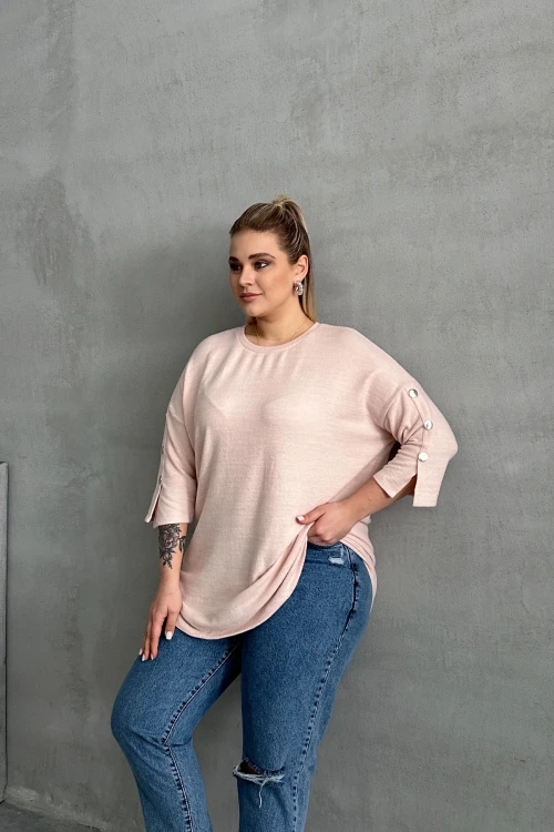 Büyük Beden Yarım Kollu Bisiklet Yaka Düğme Detaylı Kazak 303072