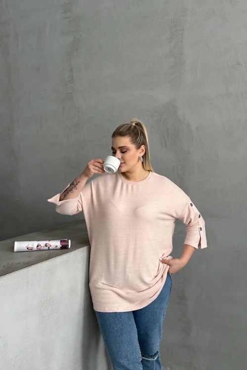 Büyük Beden Yarım Kollu Bisiklet Yaka Düğme Detaylı Kazak 303072