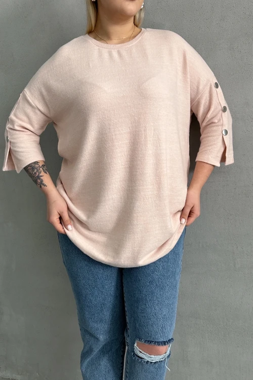 Büyük Beden Yarım Kollu Bisiklet Yaka Düğme Detaylı Kazak 303072