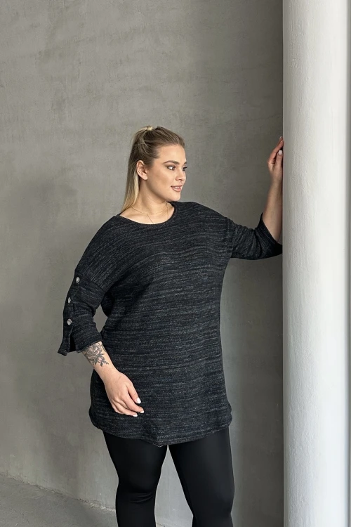 Büyük Beden Yarım Kollu Bisiklet Yaka Düğme Detaylı Kırçıllı Kazak 303691