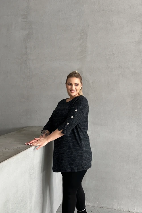 Büyük Beden Yarım Kollu Bisiklet Yaka Düğme Detaylı Kırçıllı Kazak 303691