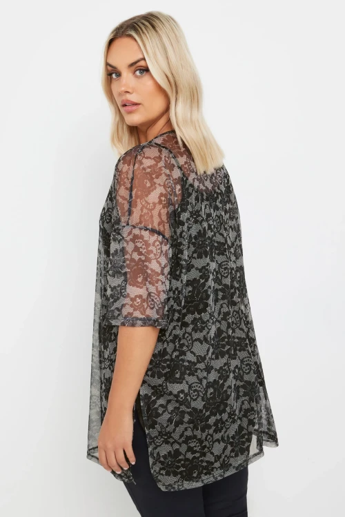 Büyük Beden Yarım Kollu İçi Astarlı Desenli Tül Bluz 303448