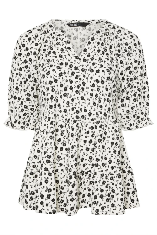 Büyük Beden Yarım Kollu V Yaka Eteği Fırfırlı Desenli Bluz 322572