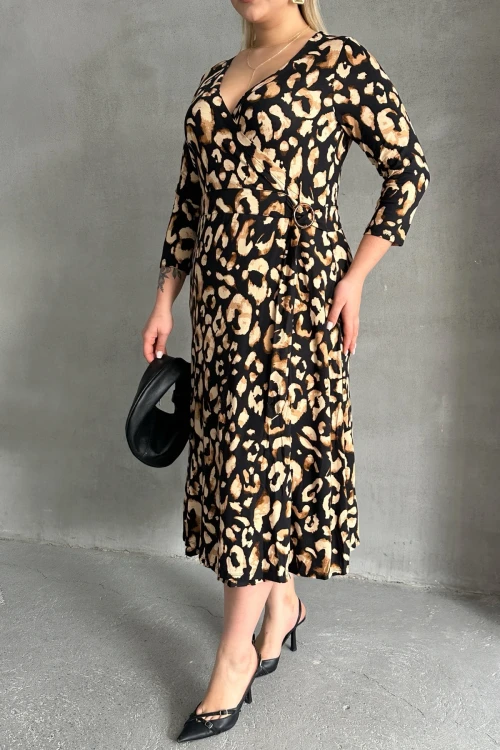 Büyük Beden Yarım Kollu V Yaka Kemer Detaylı Leopar Desenli Elbise 100-92