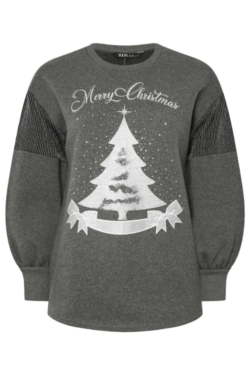 Büyük Beden Yılbaşı Temalı Bisiklet Yaka Uzun Balon Kollu Sweatshirt 303748