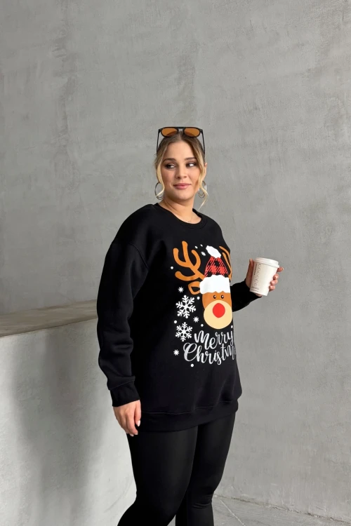 Büyük Beden Yılbaşı Temalı Bisiklet Yaka Uzun Kollu Sweatshirt 303817