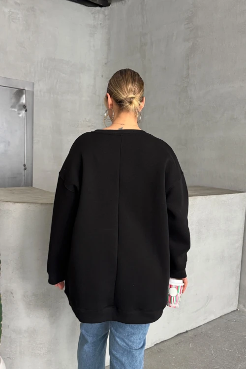 Büyük Beden Yılbaşı Temalı Bisiklet Yaka Uzun Kollu Sweatshirt 303819