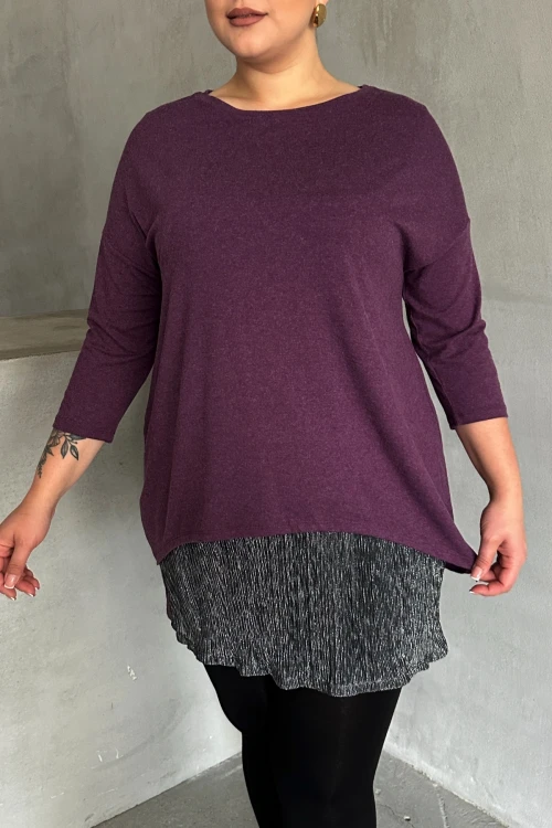 Büyük Beden Eteği Tül Detaylı Uzun Kollu İnce Bluz 84-106