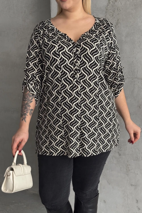 Büyük Beden V Yaka Önü Düğmeli Kolları Katlama Detaylı Likralı Bluz 1016
