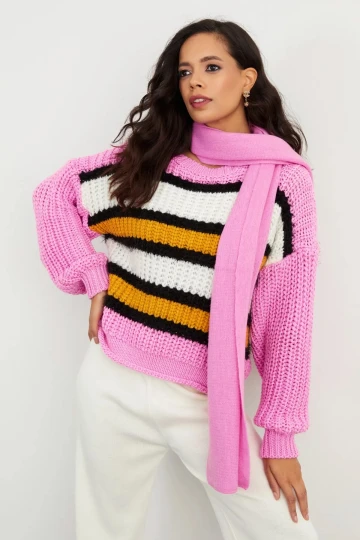 Bisiklet Yaka Çizgili Desenli Uzun Balon Kol Örme Kazak IZ3782