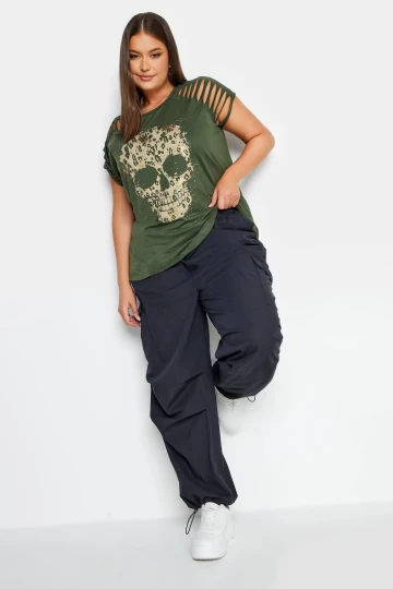 Büyük Beden Kol Detaylı Kuru Kafa Baskılı Bisiklet Yaka T-shirt 321124