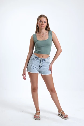 Kare Yaka Sırtı Kapalı Sıfır Kol Fitilli Crop Bluz