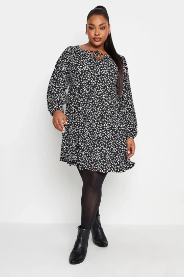 Büyük Beden Çiçek Desenli Uzun Kollu Yakası Bağlama Detaylı Kısa Elbise 302750