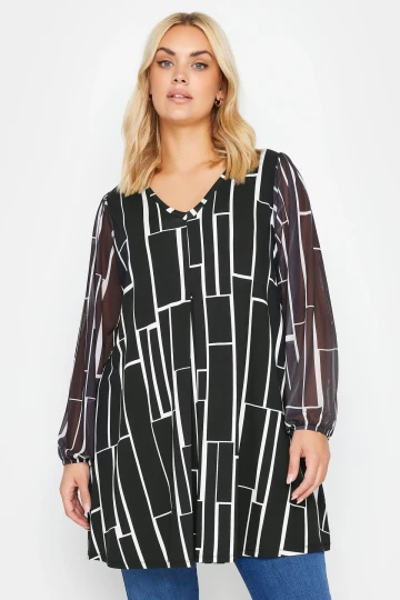 Büyük Beden Uzun Kolları Tül Detaylı Pileli V Yaka Bluz 303055