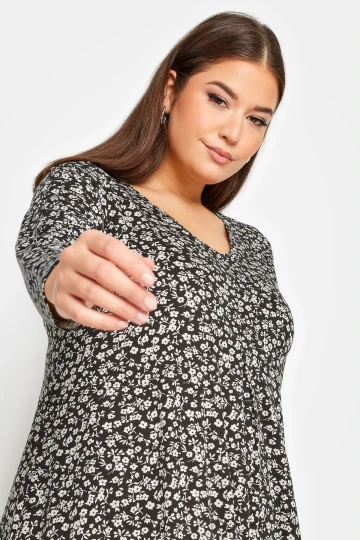 Büyük Beden V Yaka Çiçek Desenli Uzun Kollu Kısa Elbise 302740