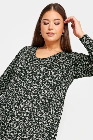 Büyük Beden V Yaka Çiçek Desenli Uzun Kollu Kısa Elbise 302734