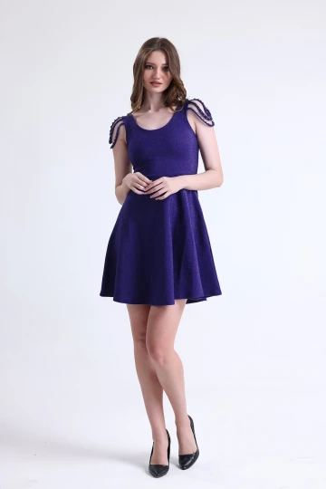 Omuz Detaylı Kalın Askılı Bisiklet Yaka Simli Kısa Elbise SU-22