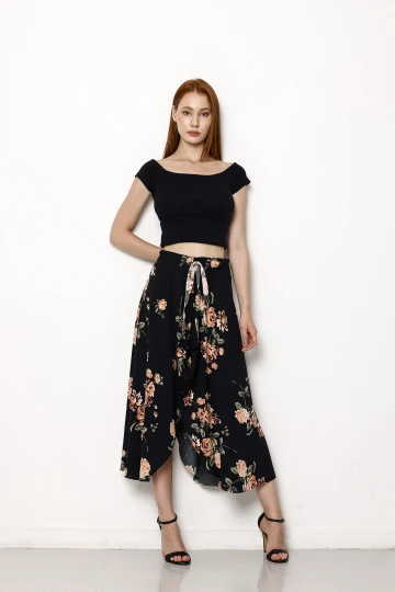 Beli Ayarlanabilir Lastikli Asimetrik Kesim Cepsiz Çiçek Desenli Midi Boy Etek 1116