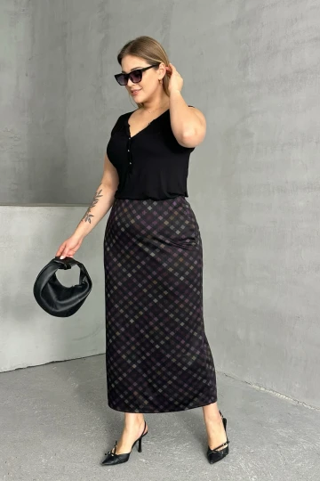 Büyük Beden Baklava Desenli Cepsiz Midi Boy Etek 302495