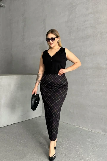 Büyük Beden Baklava Desenli Cepsiz Midi Boy Etek 302495