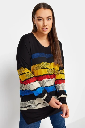 Büyük Beden V Yaka Çizgili Yanları Yırtmaçlı Uzun Kollu Bluz 302920